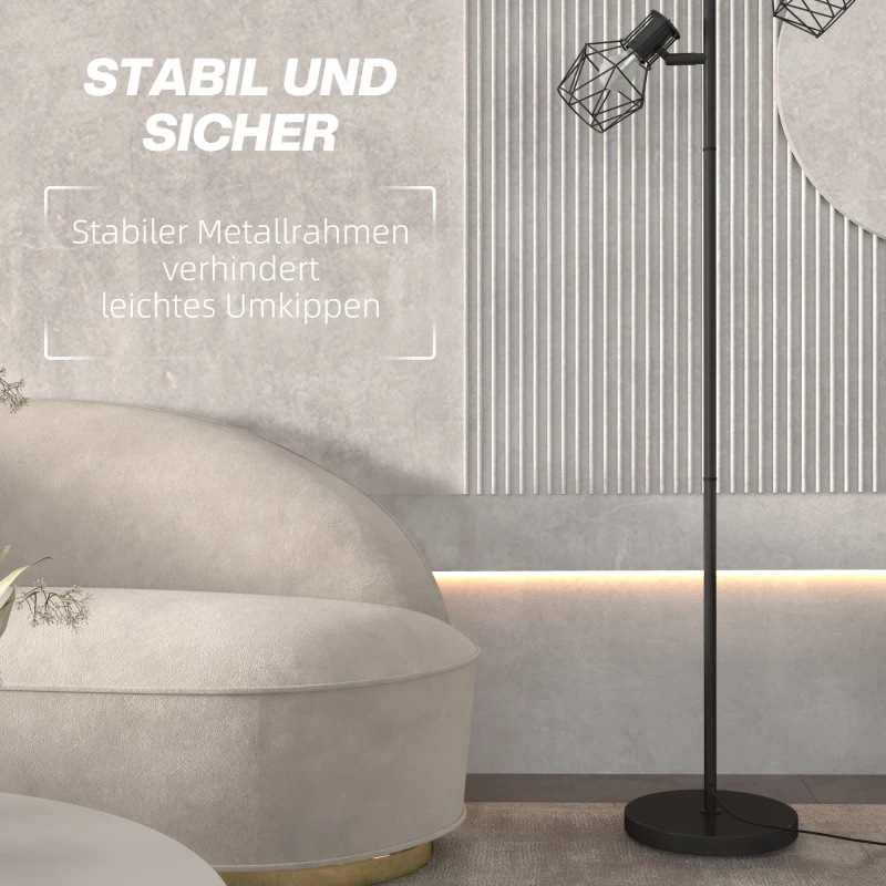 HOMCOM 3-Licht Vloerlamp met Flexibele Verlichtingselementen, Boomachtige Structuur, voor Woonkamer en Slaapkamer, Metaal, Zwart