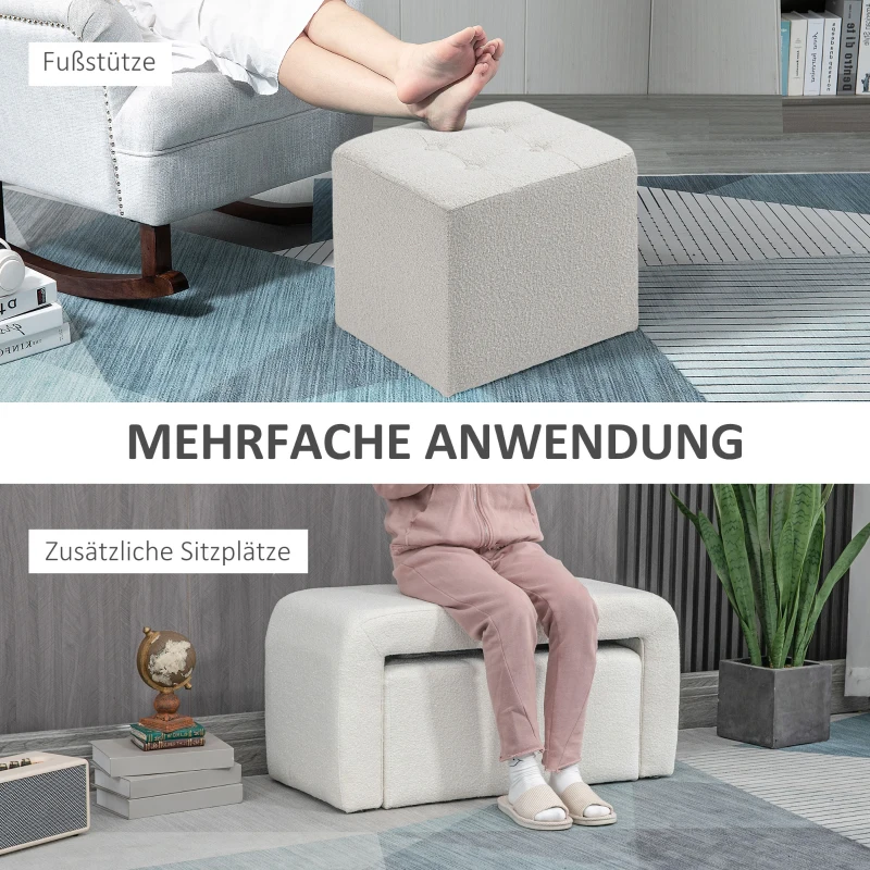 HOMCOM Voetenbankenset - 3-delige voetenbankenset, knoopsgatontwerp, 89 cm x 42,5 cm x 45 cm, crème
