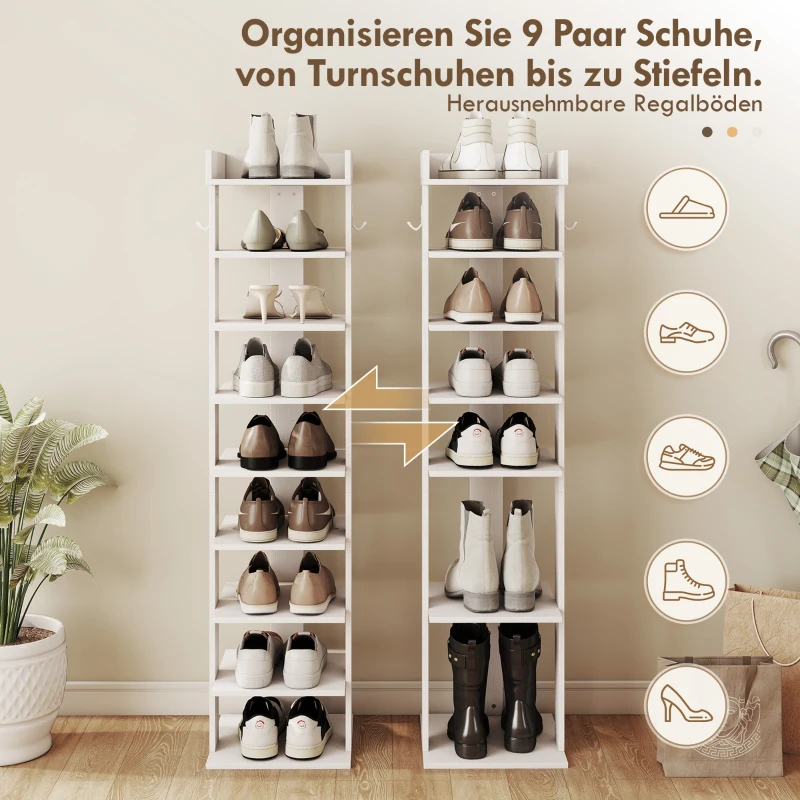 HOMCOM Schuhregal 9 Ebenen Holz-Schuhorganisator mit Ablage oben und 2 Haken, für Eingangsbereich, Weiß