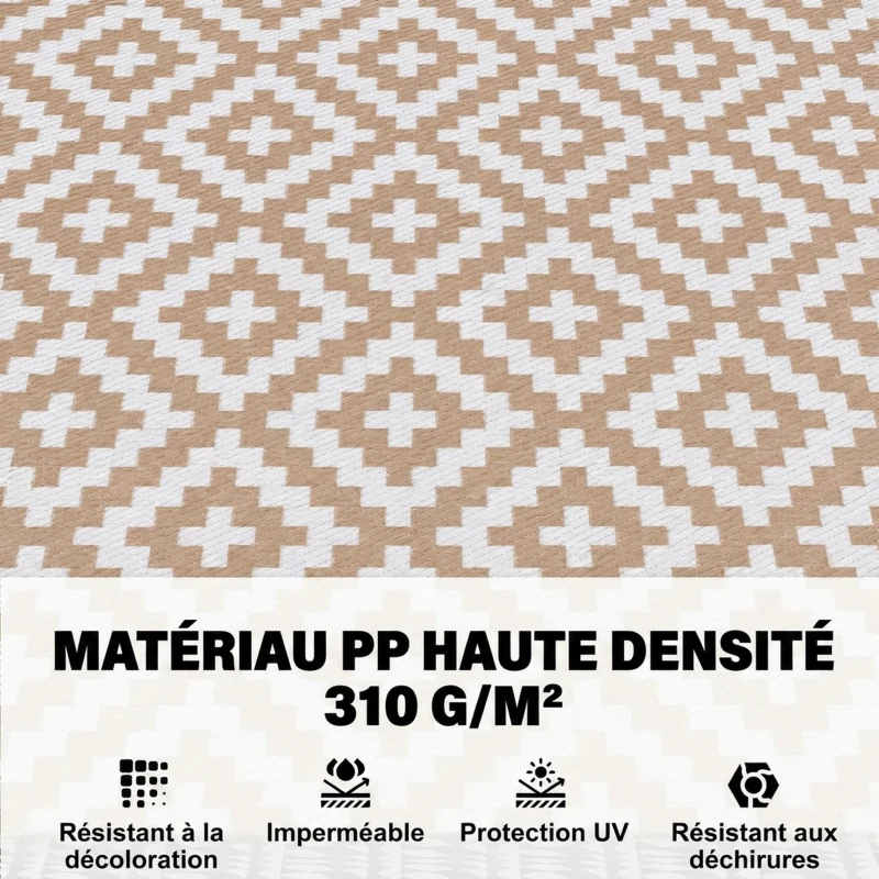 Outsunny Tapis extérieur Style Graphique - Tapis réversible 2 Motifs - 2,74L x 1,82l m - PP 310 g/m² Blanc Beige