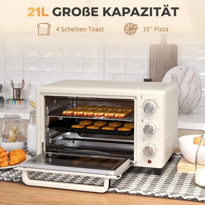 HOMCOM Minioven, 3 Kookmodi, tot 230° C, 1400W, met Accessoires, 46x38,5x29cm, Crème(m-4)