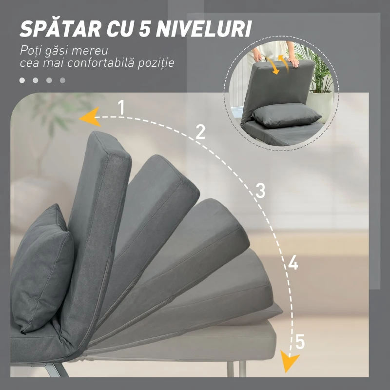 HOMCOM Fotoliu Extensibil 3 în 1 cu Spătar Reglabil pe 5 Nivele, din Material cu Efect de In, 73x78x81 cm, Gri Închis