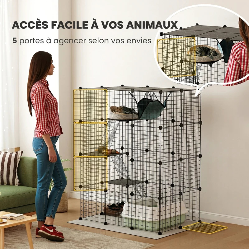 PawHut Cage pour chat d'intérieur parc pour chat en acier à 4 niveaux DIY avec 5 portes hamac 1-3 chats 105 x 70 x 140 cm noir