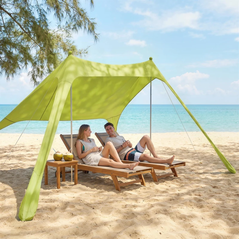 Outsunny Tenda de Praia Dobrável com Tapete UPF50+ Postes de Alumínio Pá Estacas e Bolsa de Transporte 208x200 cm Verde