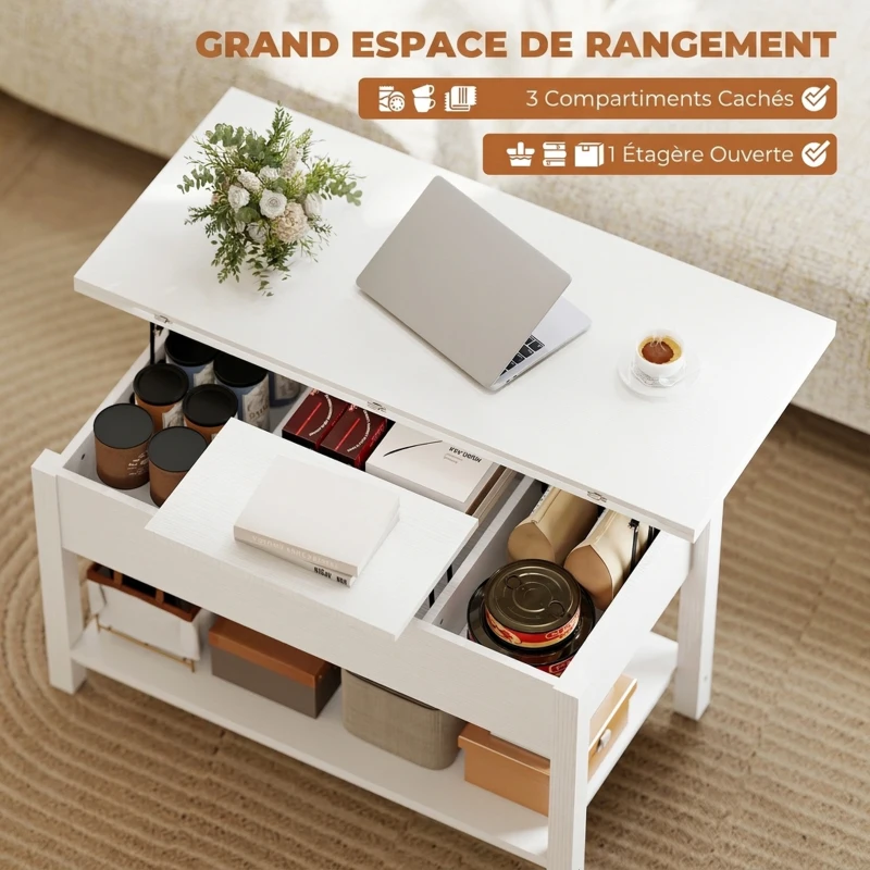 HOMCOM Table basse relevable et extensible table de salon avec compartiment caché étagère ouverte 100x45x50,5cm blanc(m-5)