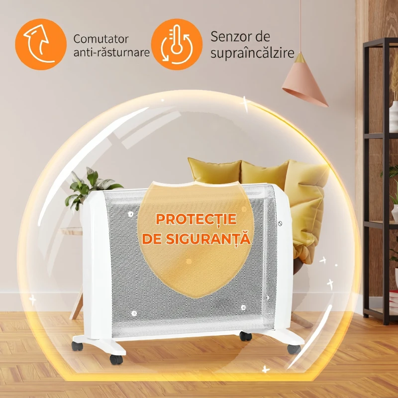 HOMCOM Radiator Electric Mică 1000W/2000W cu Termostat Reglabil, 15-20 m², 4 Roți, 79x27x54 cm, Alb