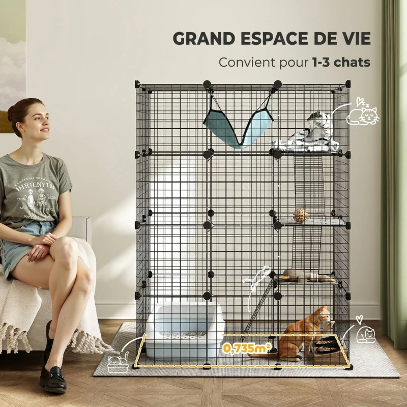 PawHut Cage pour chat d'intérieur parc pour chat en acier à 4 niveaux DIY avec 5 portes hamac 1-3 chats 105 x 70 x 140 cm noir