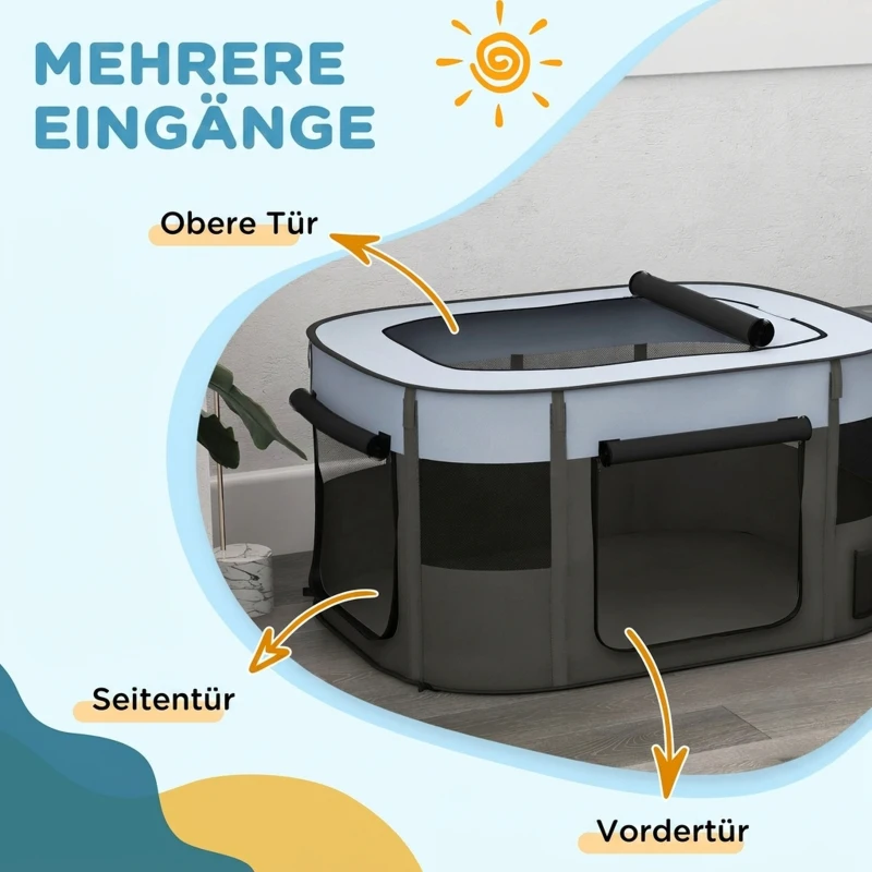 PawHut Spielgehege für Haustiere, faltbar, mit Aufbewahrungstasche, für Welpen und Kätzchen, drinnen und draußen, Grau