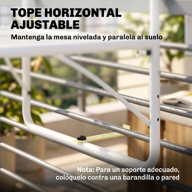 Outsunny Mesa Colgante de Balcón con Brazo Regulable y Altura Ajustable en 3 Posiciones Marco Metálico 60x56x50 cm Blanco