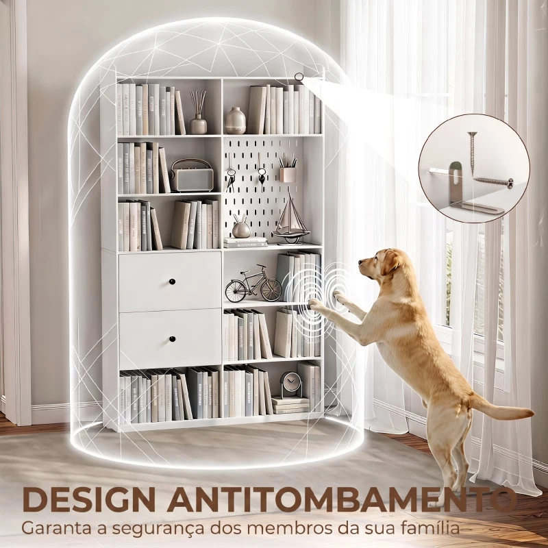 HOMCOM Estante para Livros Alta e Estreita com Painel Perfurado 2 Gavetas e 8 Compartimentos 120x30x200 cm Branco
