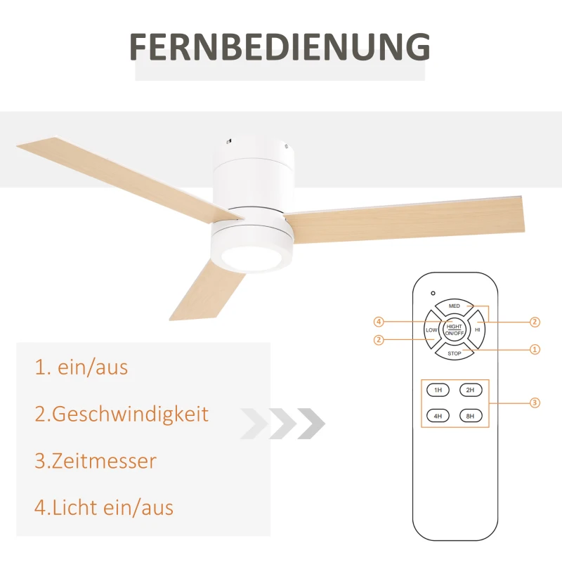 HOMCOM Plafondventilator met LED-licht, 2-in-1 ontwerp, met timer, afstandsbediening, plafondlamp met ventilator, Wit+Natuurhout