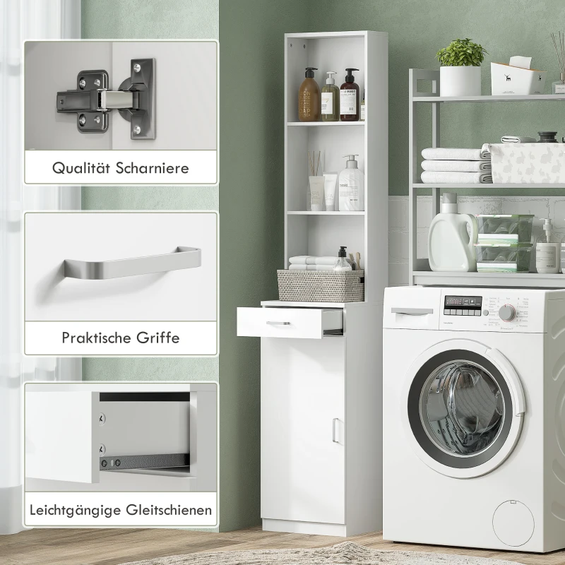 HOMCOM Hoge Badkamerkast, Smal Ontwerp, Lade, Schappen, Kast, Spaanplaat, Wit