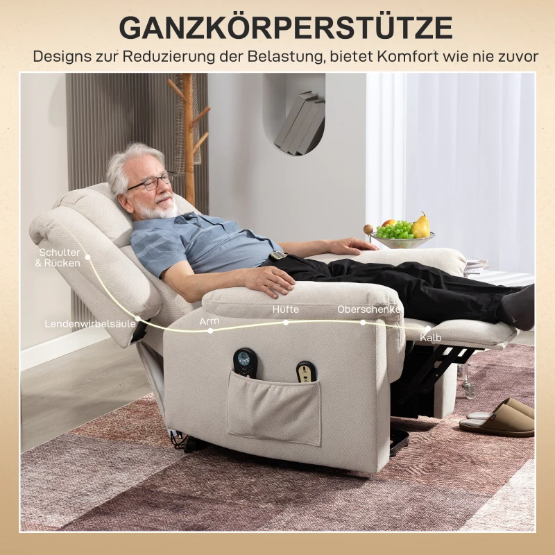 HOMCOM Powerlift Stoel, Massagstoel met Verwarmingsfunctie, Gepolsterde Stoel met Voetsteun, Zijvak, Stoffen Bekleding, Beige