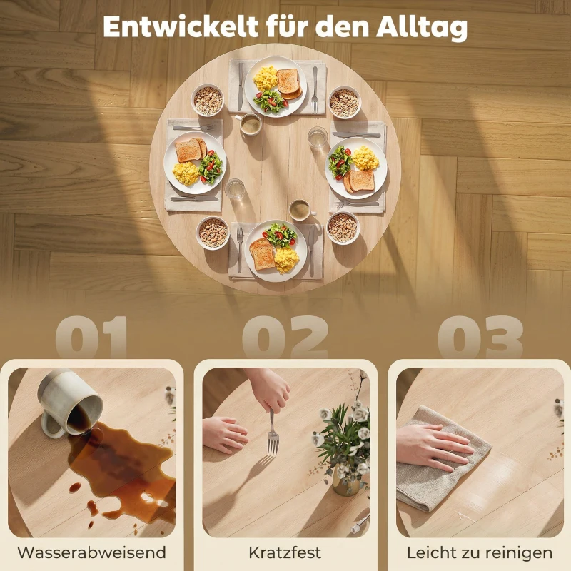 HOMCOM Klappbarer Esstisch, 80 cm Runder Klapptisch mit Stahlrahmen, Platz für 2-4 Personen, Naturholz-Optik