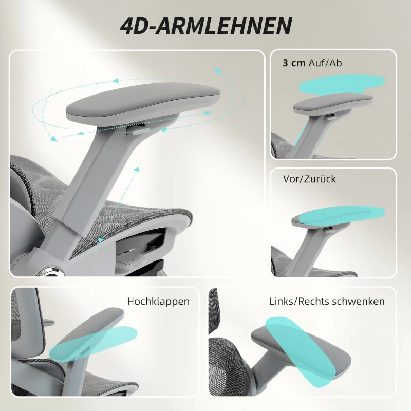 HOMCOM Ergonomische mesh bureaustoel met gesplitste rugleuning, lendensteun en 4D opklapbare armleuningen, grijs