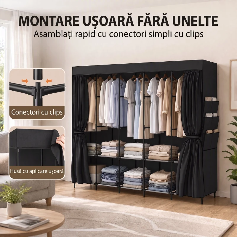 HOMCOM Dulap Textil Compact cu 5 Bare, 5 Rafturi, 6 Buzunare Laterale, Uși Anti-Praf cu Fermoar, Negru