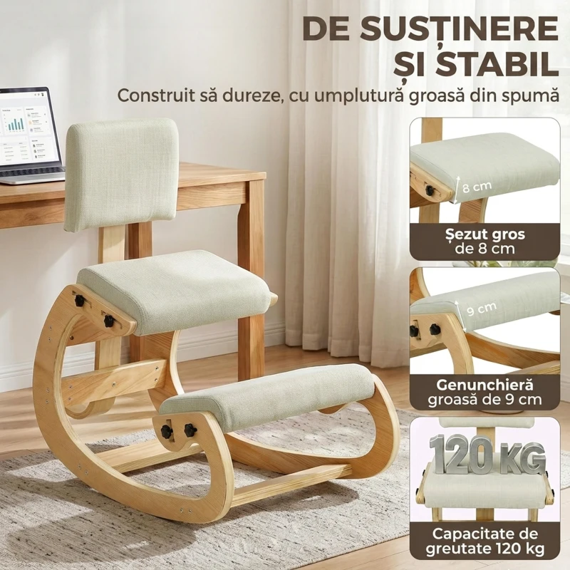 HOMCOM Scaun Ergonomic pentru Genunchi cu Spatar, Balansoar, Postural, Lemn Mesteacan, Crem