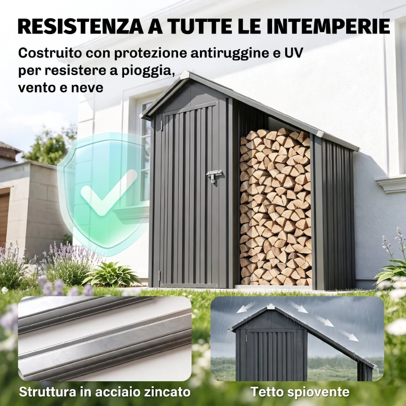 Outsunny Portalegna da Esterno con Armadietto Porta Attrezzi in Acciaio, 150x66x162 cm, Grigio Scuro