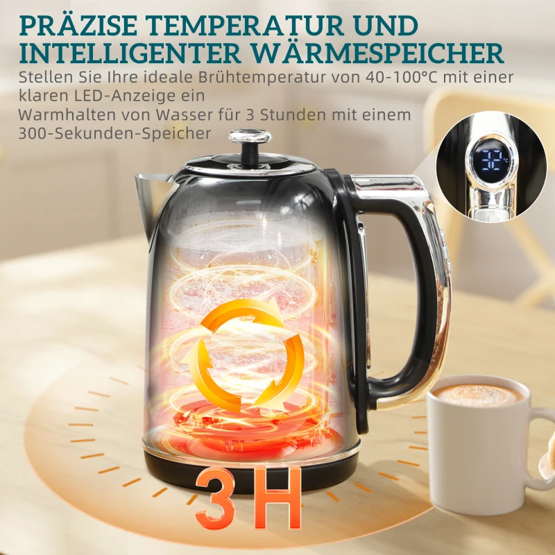 HOMCOM Set waterkoker en broodrooster, LED-display, 1,7 liter, 2200 W, retro-design, geheugenfunctie, zwart(m-4)
