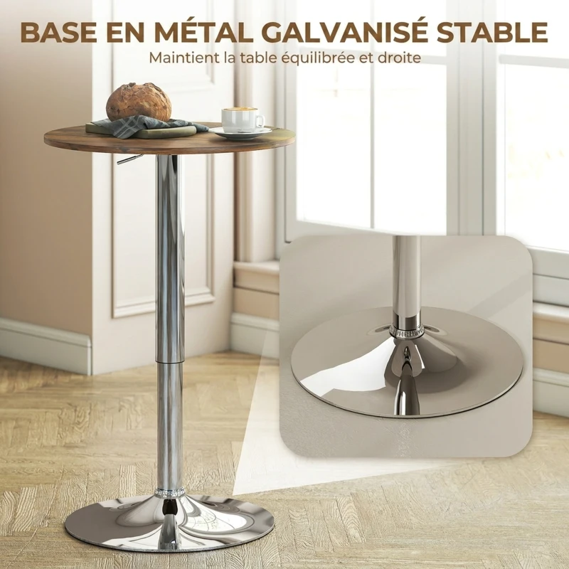 HOMCOM Table de Bar Table Bistro Mange-debout Hauteur réglable 67-93 cm Plateau pivotant 360° marron