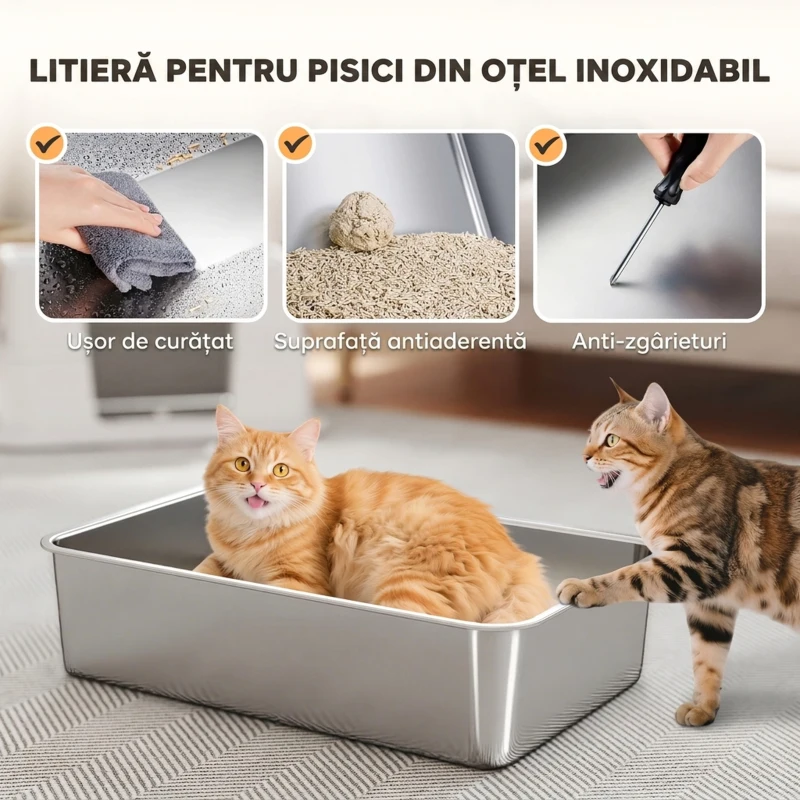PawHut Litieră pentru Pisici Închisă din Oțel Inoxidabil XL cu Capac, Gri Deschis