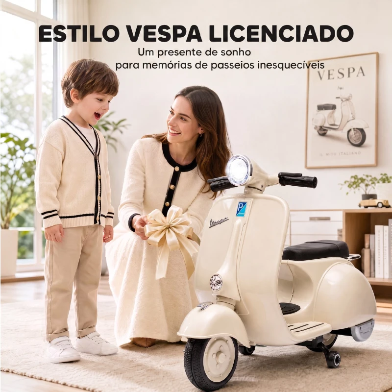 AIYAPLAY Mota Elétrica Infantil VESPA com Arranque Suave, Rodinhas, Luz, Música e USB - Branco