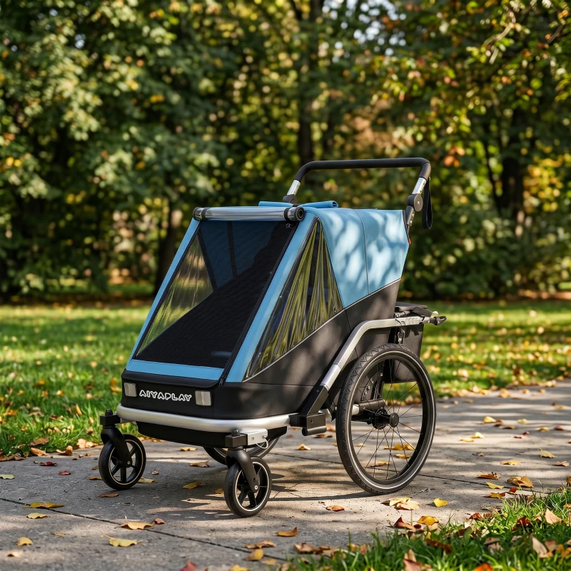 AIYAPLAY Fahrradanhänger für Kinder, 2-Sitzer, 2-in-1 faltbarer Kinderfahrradanhänger mit verstellbarem Sitz und Gurten, Blau