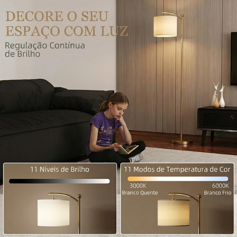HOMCOM Candeeiro de Pé LED 11 Níveis, Controlo Remoto, Temporizador 60 min, 54,3x30,6x159,6 cm Dourado