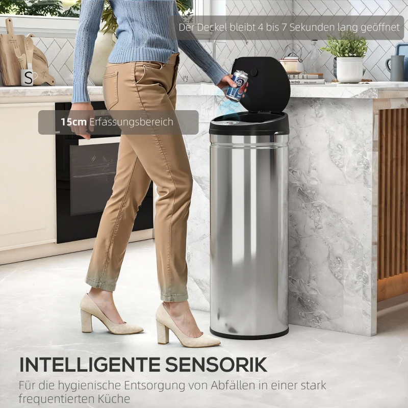 HOMCOM 50 Liter Sensor-Prullenbak met Soft-Close-Functie, contactloze Vuilnisbak van Roestvrij Staal voor hygiënische Keukens, Kantoren, Zilverkleurig(m-4)