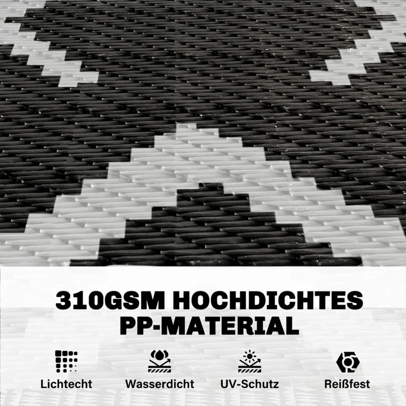Outsunny Outdoor Teppich robuster Wetterfest Outdoorteppich mit Tragtasche, faltbar Carpet Boho-Style 182 x 274 cm Schwarz+Weiß