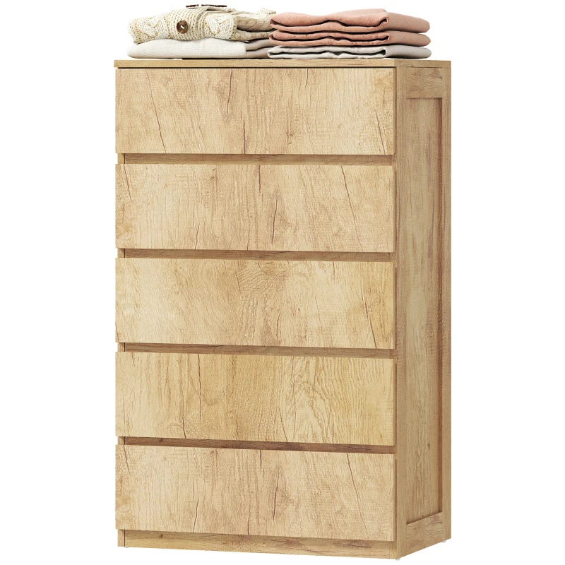 HOMCOM Cómoda 5 Cajones para Dormitorio Moderna Diseño sin Tiradores para Comedor Entrada 60x39x100 cm Madera Natural