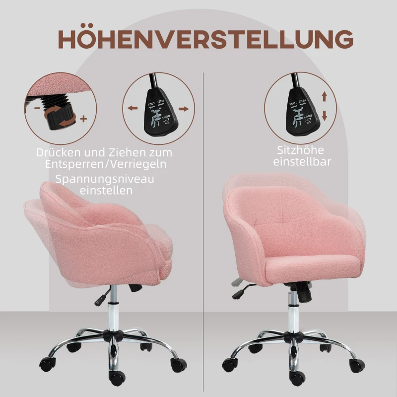 HOMCOM Thuiswerkstoel, ergonomische bureaustoel met kantelfunctie, teddyfluweel-look 56 x 61 x 86 cm Roze