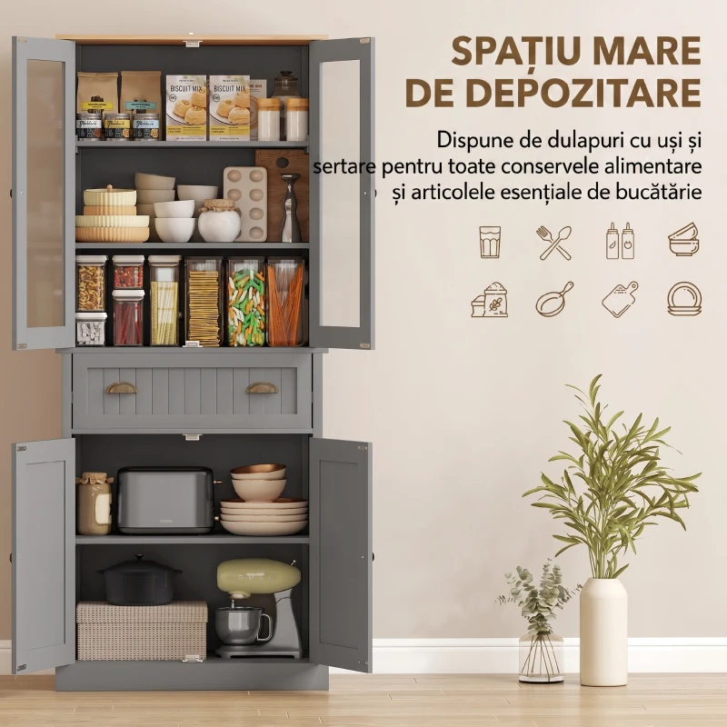 HOMCOM Dulap Cămară cu 5 Niveluri și Sertar Central, din MDF și PAL, 76x40x182,5 cm, Gri