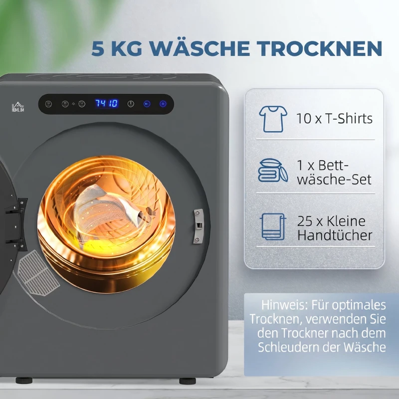 HOMCOM Wasdroger, 6 programma's, 40-60℃, 3 kg capaciteit, compact, touch-bediening, Grijs(m-5)