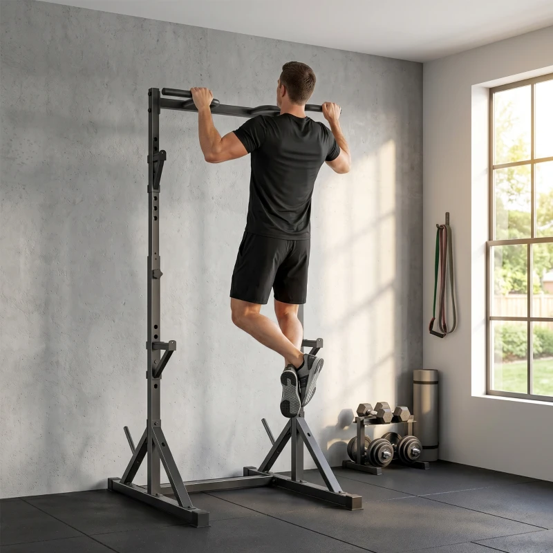 SPORTNOW Power Tower freistehend Dip Station mit Langhantelablagen, Kraftturm bis 200 kg aus Stahl, Schwarz