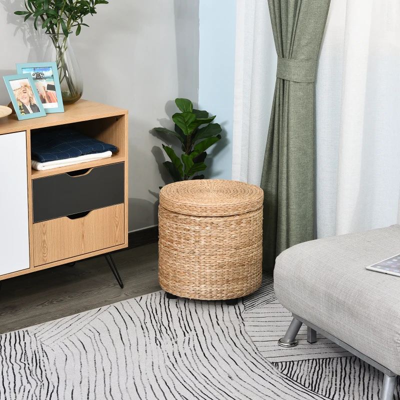 HOMCOM Poef met opbergruimte poef opbergbox stro rotan kaki(m-2)