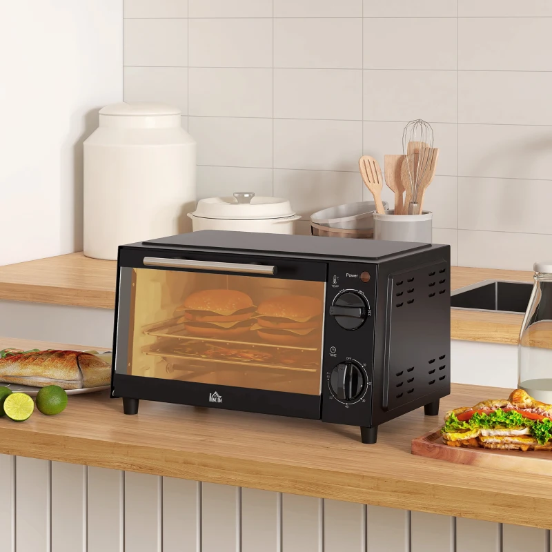 HOMCOM Mini-Oven, 9 Liter Inhoud, Temperatuur en Kooktijd Instelbaar, met Grillrek en Bakplaat, Zwart(m-8)