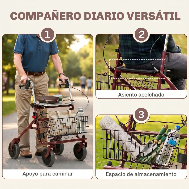 HOMCOM Andador para Ancianos Plegable con Asiento 4 Ruedas Altura Ajustable Frenos de Maneta Cesta Bandeja Porta Bastón Rojo