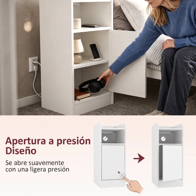 HOMCOM Juego de 2 Mesitas de Noche Estrechas con Estación de Carga Puerta Compartimento Abierto Estante Ajustable Blanco
