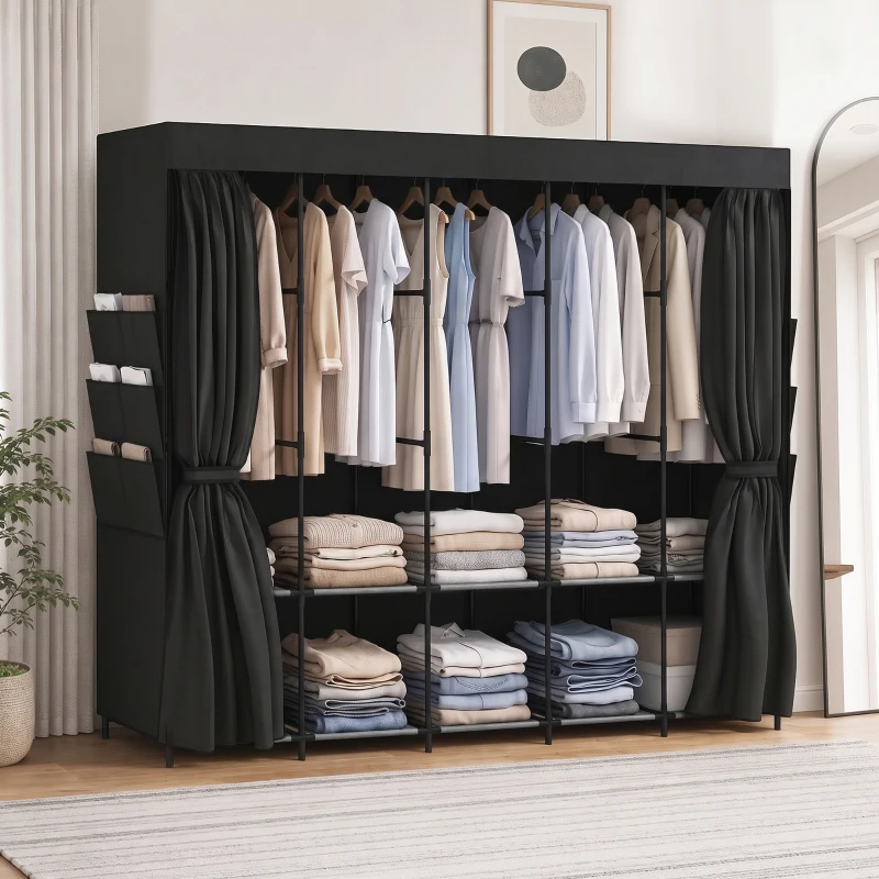 HOMCOM Dulap Textil Compact cu 5 Bare, 5 Rafturi, 6 Buzunare Laterale, Uși Anti-Praf cu Fermoar, Negru