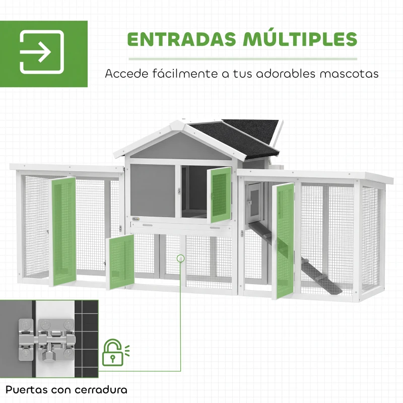 PawHut Gallinero para Exterior Grande de Madera 204x85x93 cm con Caja de Anidación Corral Bandeja Extraíble y Percha Gris