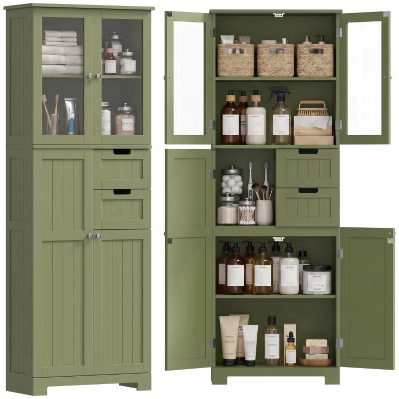 HOMCOM Meuble haut de rangement, armoire avec portes vitrées et étagères réglables pour salle de bain, cuisine, salon, vert