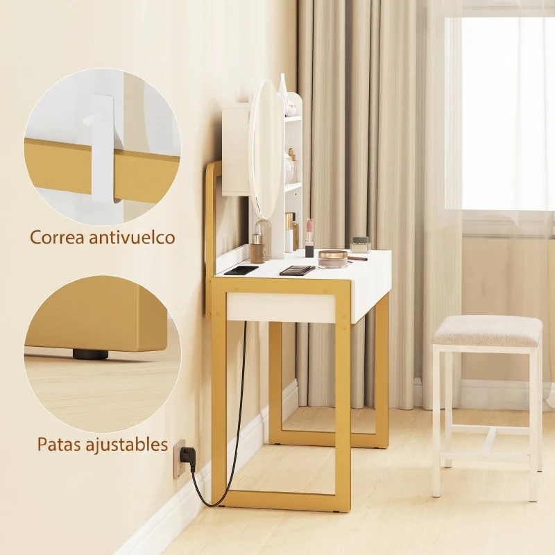 HOMCOM Tocador de Maquillaje con Espejo y Taburete Acolchado Estación de Carga 2 Cajones 3 Estantes para Dormitorio Blanco