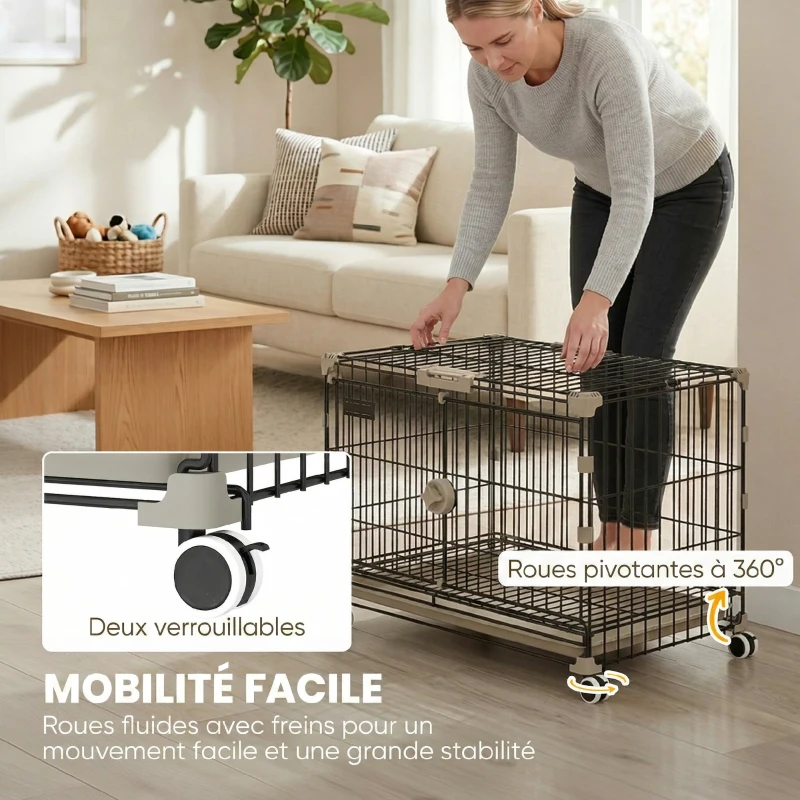 PawHut Cage pour Chien, Plateau Amovible, Roues avec Freins, Toit Ouvrant Verrouillable, 60,5x45,5x54,5cm, Noir