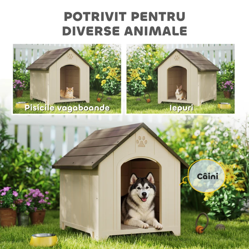 PawHut Căsuță pentru câini de exterior, talie mare și XL, căsuță din plastic impermeabil cu bază ridicată, ferestre și acoperiș înclinat pentru grădină, curte, terasă, casă, 102x94x103 cm, Bej