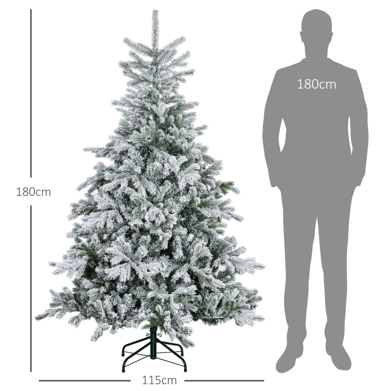 HOMCOM Kunstkerstboom 180 cm met sneeuw, 1321 takken, kerstdecoratie inclusief metalen standaard voor binnen