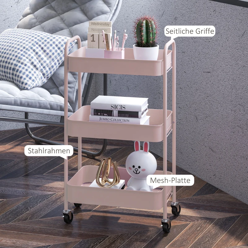 HOMCOM Multifunctionele Winkelwagen Keukenwagen, 3 Planken, 4 Wielen, 45 cm x 30,6 cm x 79 cm, Roze(m-6)