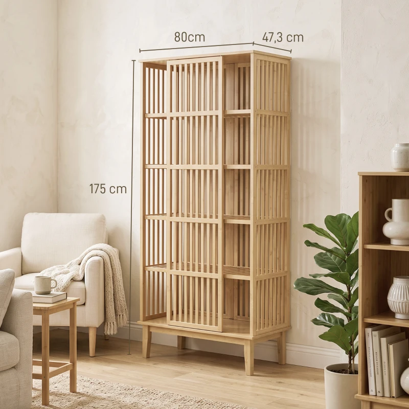 HOMCOM Armoire Chambre Penderie en Bambou 5 Niveaux avec Porte Coulissante, Design Aéré à Lattes, Bois Naturel