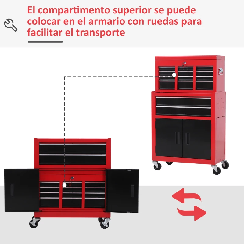 HOMCOM Carro de Herramientas con Baúl Superior 6 Cajones Armario Cerradura 4 Ganchos para Garaje Hogar Rojo