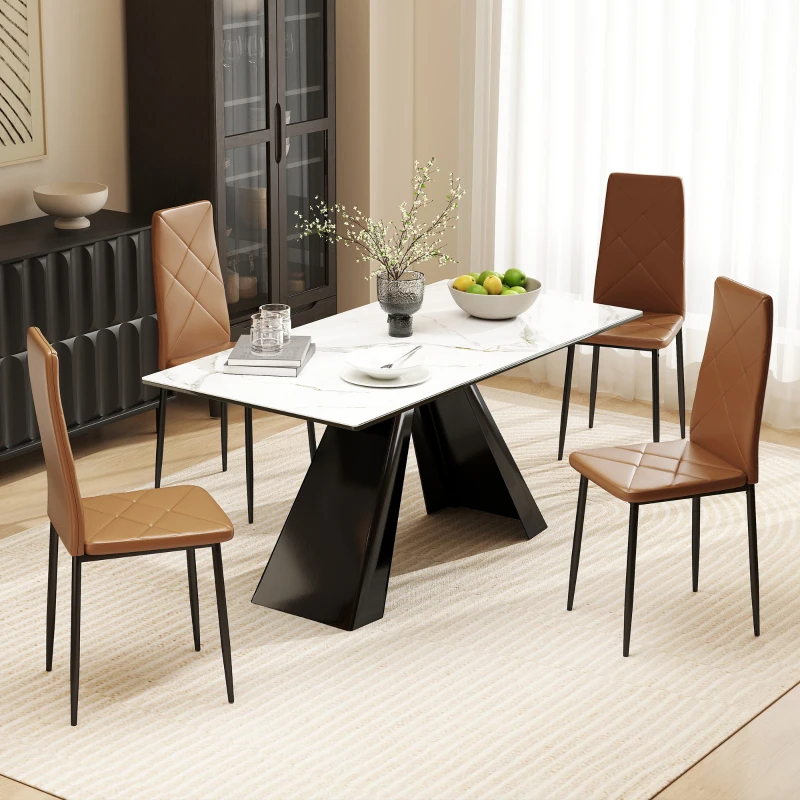 HOMCOM Set di 4 Sedie da Pranzo Moderne con Schienale Alto in Finta Pelle e Acciaio, 41x50x97 cm, Marrone